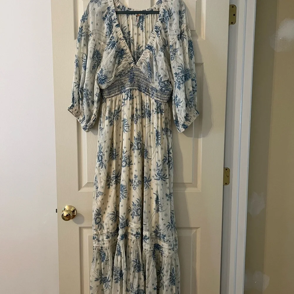 Free People Golden Hour Cream Maxi Dress with Blue Floral Print - Picture 3 of 7